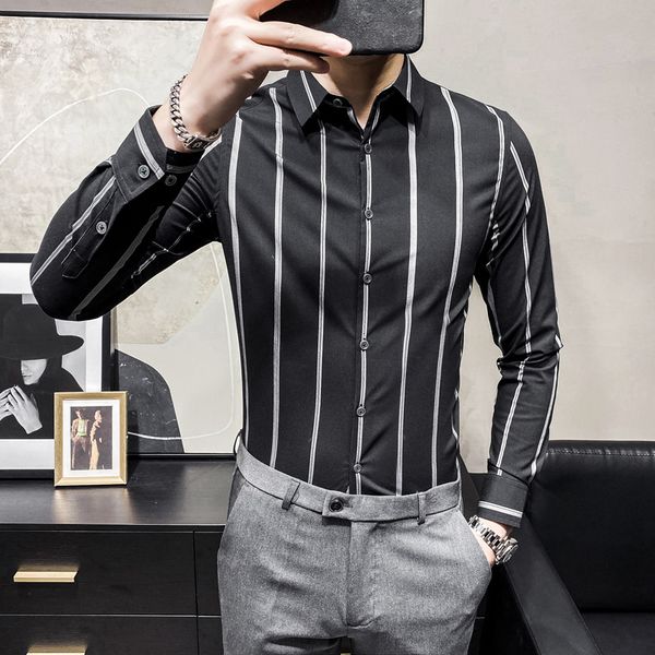 

2021 spring striped male casual business dress shirts thin fashion social party streetwear chemise homme vj2q, White;black