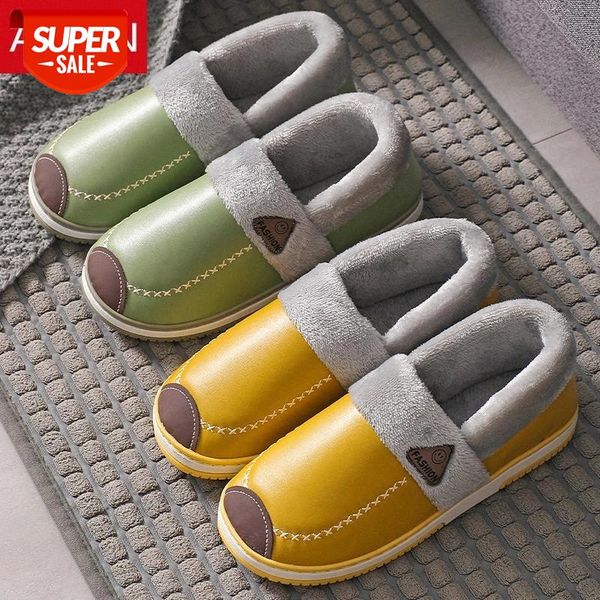 

asifn home winter slippers with fur women shoes pu leather indoor non-slip waterproof house thick bottom men women furry slides #365s, Black