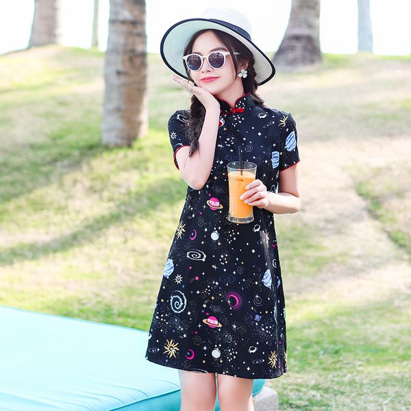 

summer starry sky printed satin mandarin collar qipao traditional chinese women short sleeve dress a-line loose cheongsam, Red