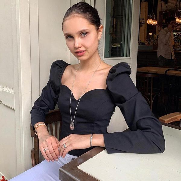 

whzhm vintage blouse and ladies long sleeve square neck slim fit skinny long puff sleeve pink shirt women clothes, White