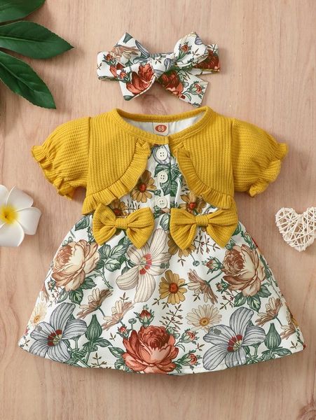 

baby floral print bow dress & headband she, Red;yellow