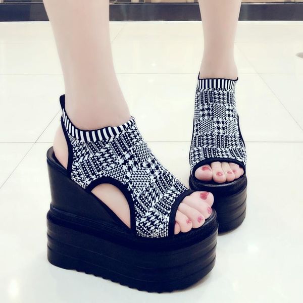 

sandals thick bottom inner raised fish mouth summer waterproof platform ultra high heels mesh breathable roman shoes, Black