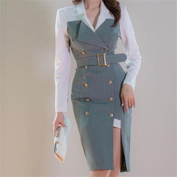 

autumn double-breasted pencil dress women sashes elegant wear to work fitted sheath bodycon dresses 210603, Black;gray