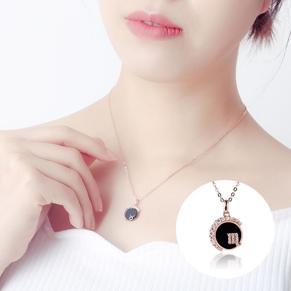 

twelve constellations necklace girl's silver rose gold inlaid diamond black agate chain pendant