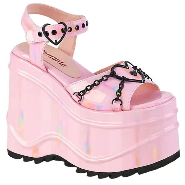 

sandals womnes peep toe platform wedge high heel metal chain heart shoes punk japanese harajuku plus size 2021, Black