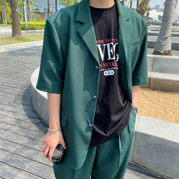 

2021 summer new fashion solid color short sleeve suit coat green blue causal korean blazers single breated notched jacket, White;black