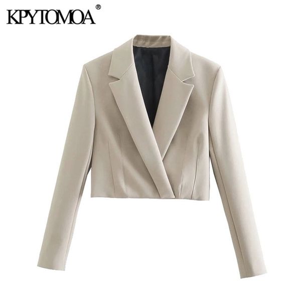KPYTOMOA Kadınlar Moda Crossover Kırpılmış Blazer Ceket Vintage Uzun Kollu Yarıklar Manşetleri Kadın Giyim Şık Veste Femme 211019