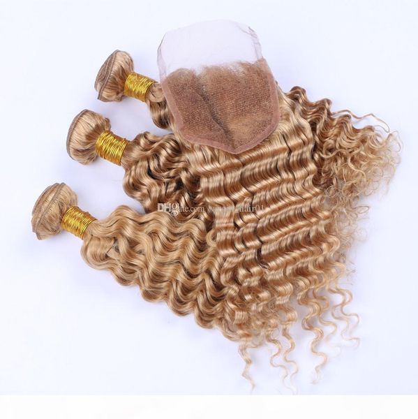 

grade 9a honey blonde deep wave lace closure #27 deep wave curly hair bundles with lace closure brown blonde hair part closure, Black;brown