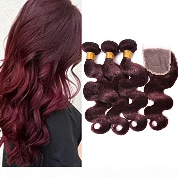 

malaysian 3bundles hair with closure 3pcs lot 99j wine red malaysian virgin human hair weaves with body wave lace closure 4x4, Black;brown