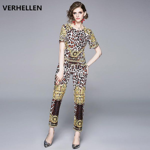 

women's tracksuits verhellen fashion designer runway suit 2021 summer short sleeve leopard print +long pant two pieces set, Gray