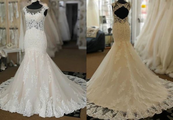 

see through waist wedding dress mermaid mexicana 2022 sheer neck hollow back lace long wedding dresses bridal gowns, White