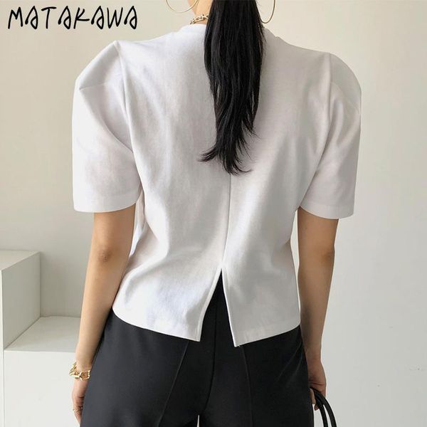 

women's t-shirt matakawa korea chic summer round neck woman tshirts loose back split tshirt women solid color short puff sleeve, White