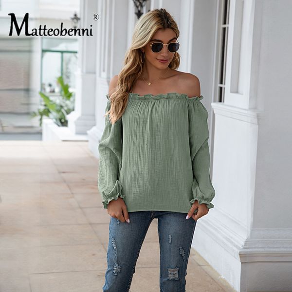 

2021 new slash neck lantern women blouses casual loose off shoulder long sleeve cotton linen shirts streetwear ovg0, Gray
