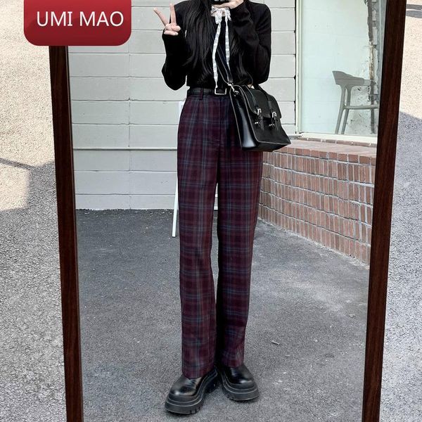 

women's pants & capris umi mao dark purple plaid female high waist 2021 early spring slim straight leg retro casual, Black;white