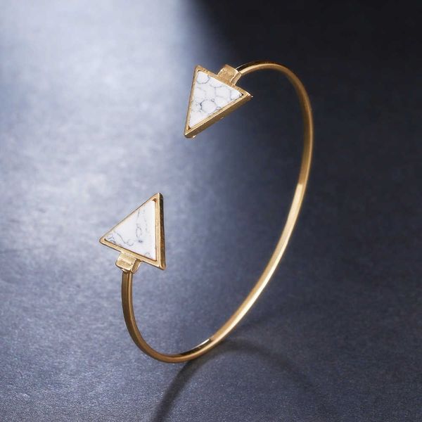 

new gold tone punk trendy white black triangle faux marbleized stone cuff bangle bracelet for women fashion jewelry q0719
