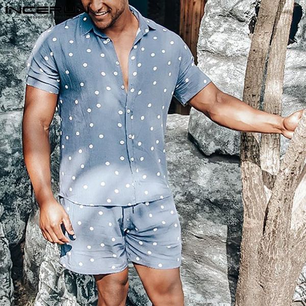

mens sets summer polka dots hawaiian suits incerun short sleeve lapel drawstring shorts 2 pieces fashion male suits s-5xl, Gray