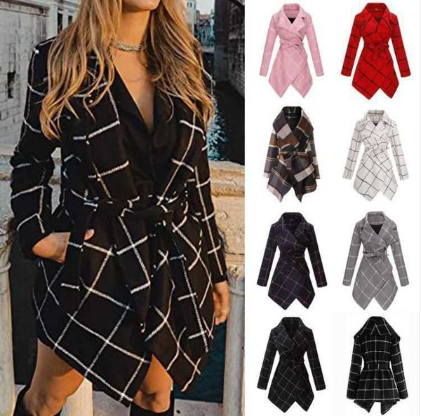 

autumn and winter women's wear with plaid color matching tweed coat medium long windbreaker for women, Black