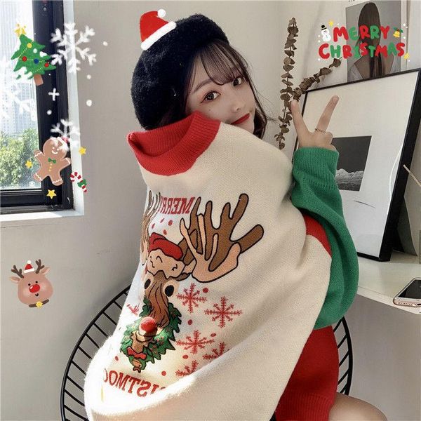 

women's sweaters women casual vintage christmas printed contrast splice long sleeve sweatshirt strap winter clothes, White;black
