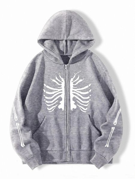 

skeleton print zip up thermal hoodie b2tp#, White;black