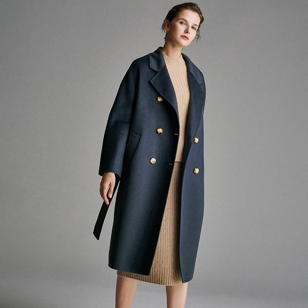 

women's wool & blends shzq double sided coat 2021 winter fashion thin and long knee length woolen thick cloth, Black