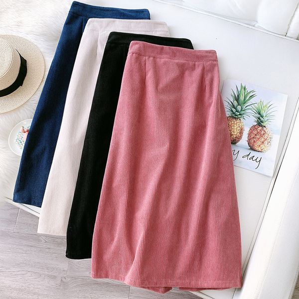 

new 2021 primavera cintura alta pura corduroy stright feminino malha grossa midi feminina casual faldas jupe femme saia jf6s, Black
