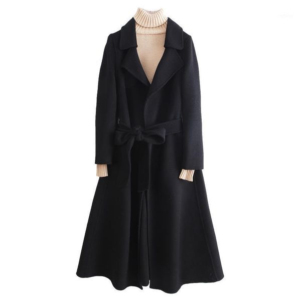 

women's wool & blends 2021 autumn coats female double-faced woolen coat fashion black long women jackets with belt manteau femme hiver