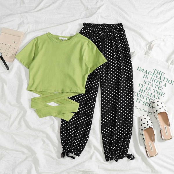 

sweet summer pants set women two pieces fashion suit korean short sleeve t-shirt + high waist maxi dot 210601, White