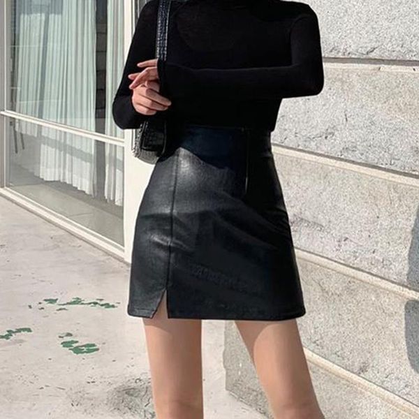 

skirts faux leather mini skirt high-waisted women's harajuku short female split pu pencil lady trendy 2021 pleated, Black