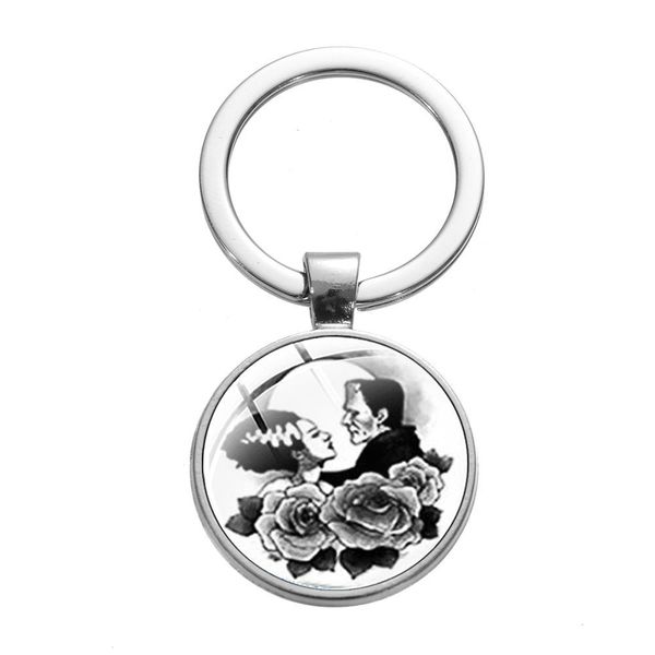 

retro traditional frankenstein art p keychain bride of frankenstein punk crystal key chain movie figures car keyring, Silver
