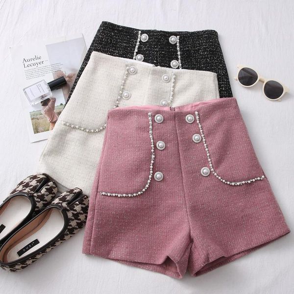 

women's shorts autumn winter bright silk woolen women high waist beading double breasted female all match casual wide leg, White;black