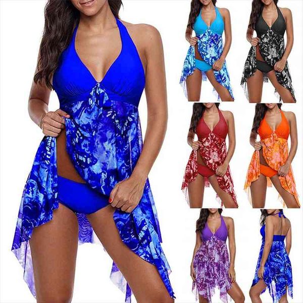 

summer swimsuit women beach print irregular hem halter swimming dress padded ladies swimwear two piece tankini plus size, White;black