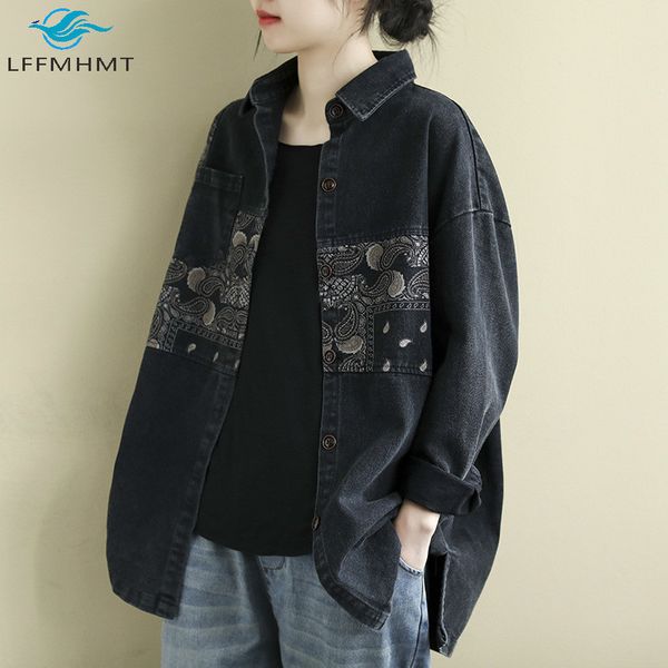 

2021 new autumn vintage print patchwork long sleeve turn down collar casual denim coat women oversize jean jacket 74sc, Black;brown