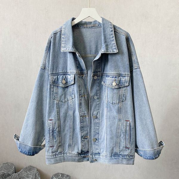 

loose women's slim medium length used denim coat long sve top, Black;brown