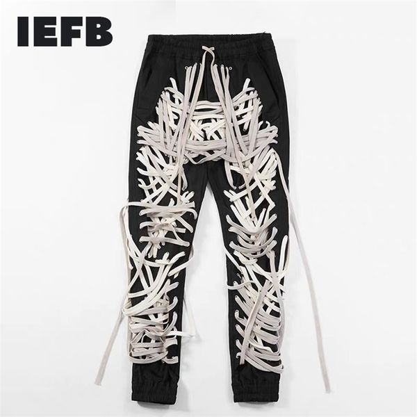 

iefb /men's wear high street patchwork strings bandage male's trouser high waist casual slim pants streetwear fashion tide 210317, Blue
