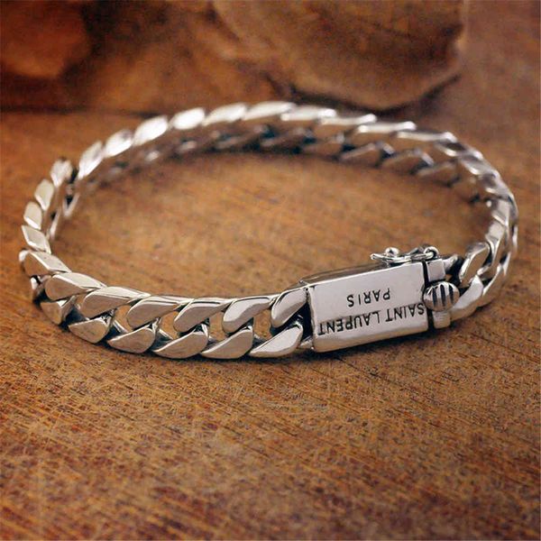 Sólido esterlina de prata link link bracelete fecho fivela pesado moda punk pulseira cadeia vintage jóias presente para homens