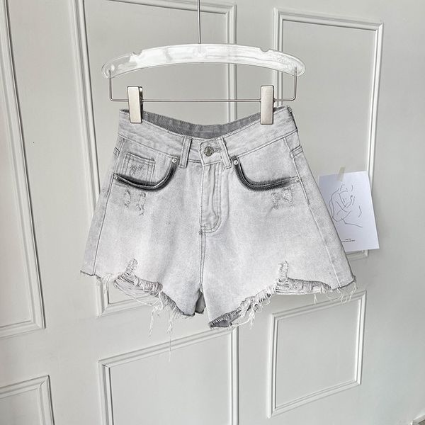 

women's jumpsuits & rompers denim short pants high wais gray white color casual wdie leg shorts female ripped hem summer gxpi, Black;white