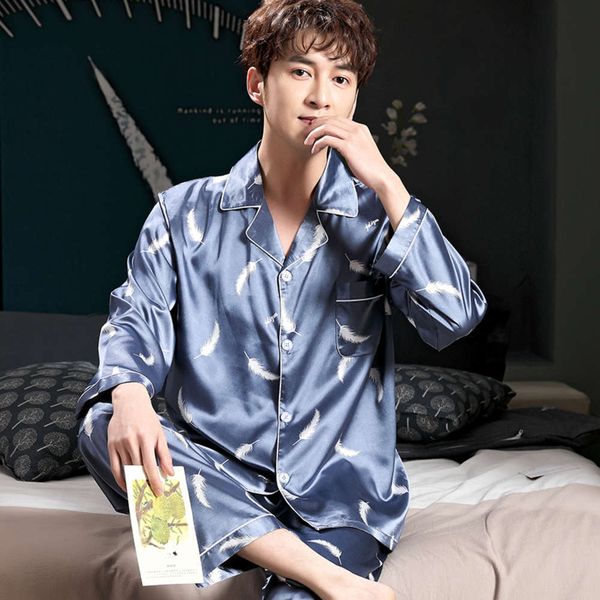 

pajamas spring and long sleeve cardigan lapel ice thin feather men's home wear silk autumn winter suit summerwinter, Black;brown