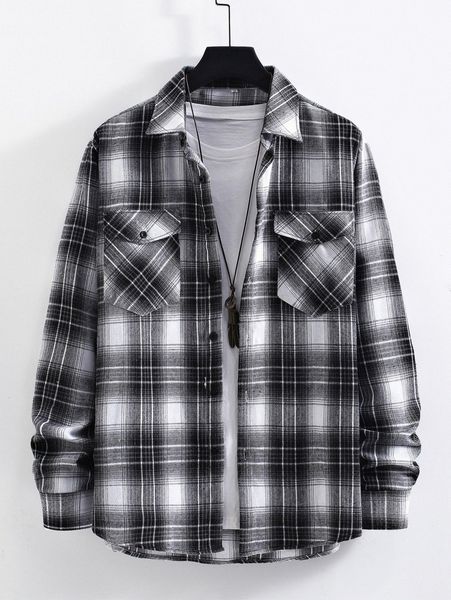 

men plaid print flap pocket shirt without tee q2yi#, White;black