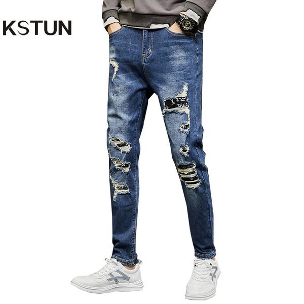 

men's jeans moto biker men ripped slim fit dark blue destroyed streetwear holes patchwork pants denim harem beggar