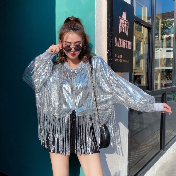 

women's jackets #1729 gold silver black sequins jacket women tassles high street punk hip hop outerwear loose ladies spring 2021, Black;brown