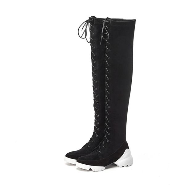 

2021 new autumn front strap muffin bottom design soles rubber legs thin stretching boots women's shoes ls2i, Black
