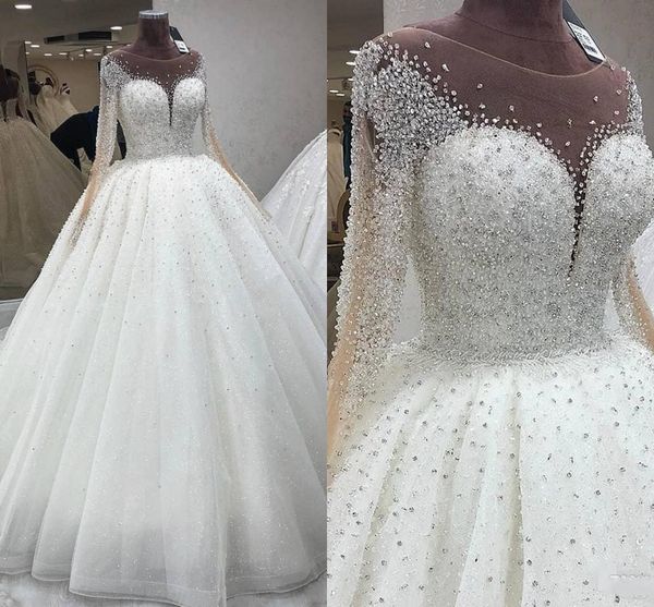 

luxury bead arabic dubai wedding dresses long sleeves scoop sequins floor length tulle custom made bridal gown vestido de noiva, White