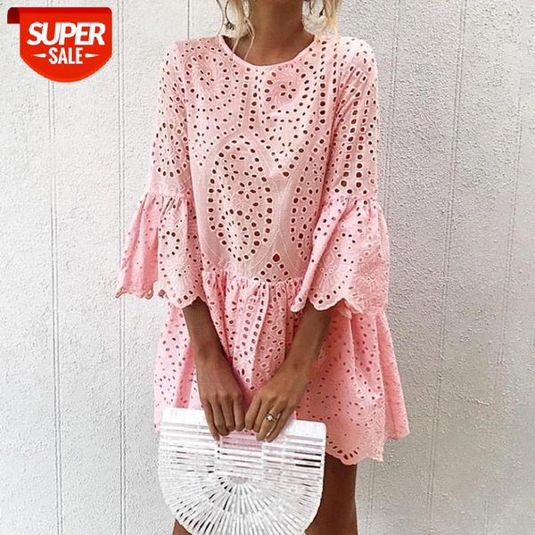 

new hole hollow hout lace short sleeve shift dress retro vintage ruffle sleeve mini vestidos female loose pink dress ona #u13h, White;black