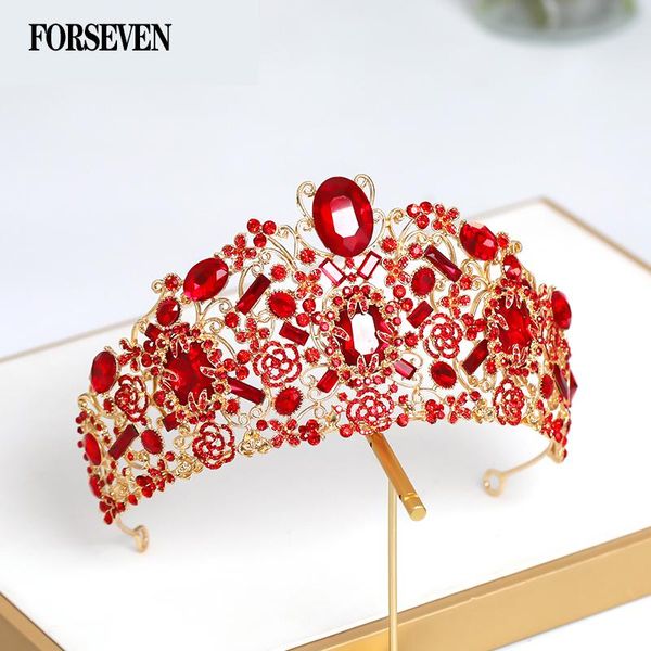 

hair clips & barrettes red crystal crown tiara wedding diadem for women pearl accessories woman fashion jewelry, Golden;silver