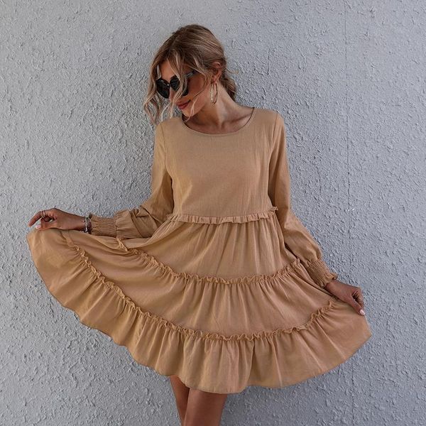 

party dresses women o neck long sleeve mini dress elegant ruffles basic all match female simple solid loose casual autumn, White;black