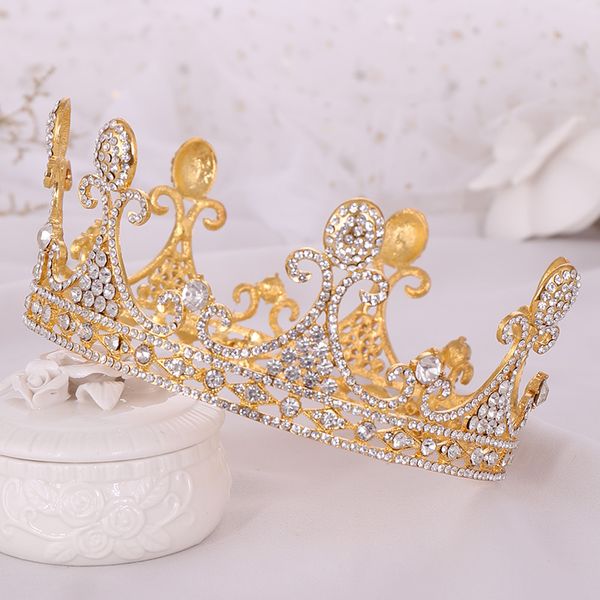 

trendy golden wedding round crown tiara crystal rhinestone bridal hair accessories headdress wedding hair jewelry royal crowndio chan contac, Golden;white