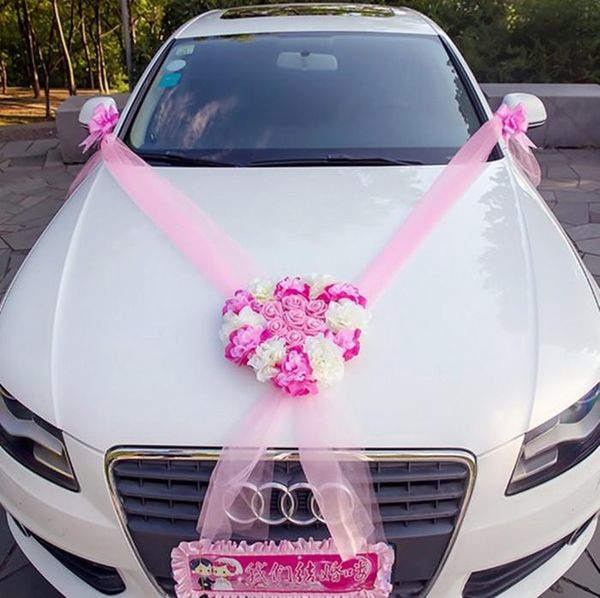 

new tulle heart wreaths rose pull flowers wedding car decoration sets artificial flowers pearl garland wedding supplies