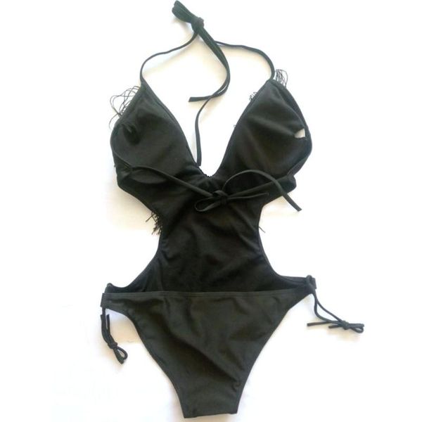 

women's swimwear deep v neck tassel design one piece swimsuit women female solid bathing suit beachwear bikini, White;black