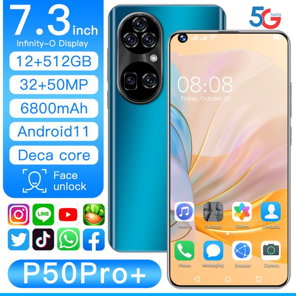 

p50pro+ smart phone android 12gb 512gb celulares octa core hd camera 7.3" telephone 6800mah global version 4g 5g mobile cell phones