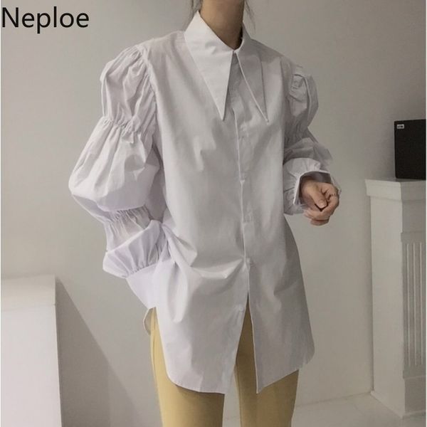 

neploe women blouse chic high street korean vintage turn-down collar loose long blusas mujer puff sleeve white shirt 4h419 220307